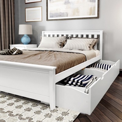 White Pine Queen Bed Frame with Storage Drawers and Headboard
