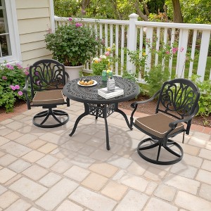 3-Piece Round Cast Aluminum Patio Set with Swivel Chairs,Blue Cushions,and Umbrella Hole - 1 of 4