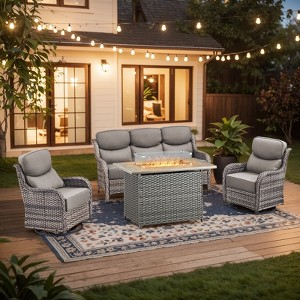 4 Pieces Wicker Outdoor Patio Rattan Sectional Conversation Set with Fire Pit Table and Patio Swivel Glider Chairs Set - 1 of 4