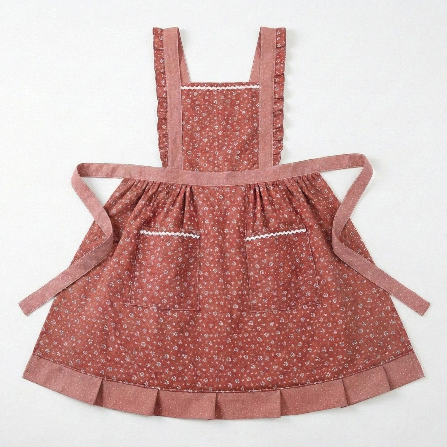 Alilang Floral Print Kitchen Apron with Ruffled Trim Adjustable Waist Ties and Front Pockets - Pink