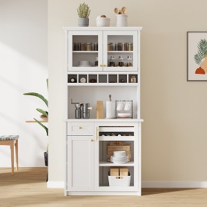 Farmhouse Freestanding Buffet with Hutch, Tall Kitchen Pantry Storage Cabinet with Wine Rack & Adjustable Shelves - ModernLuxe - 1 of 4