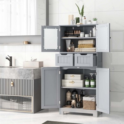 Gray MDF Floor Cabinet with Glass Doors and Adjustable Shelves