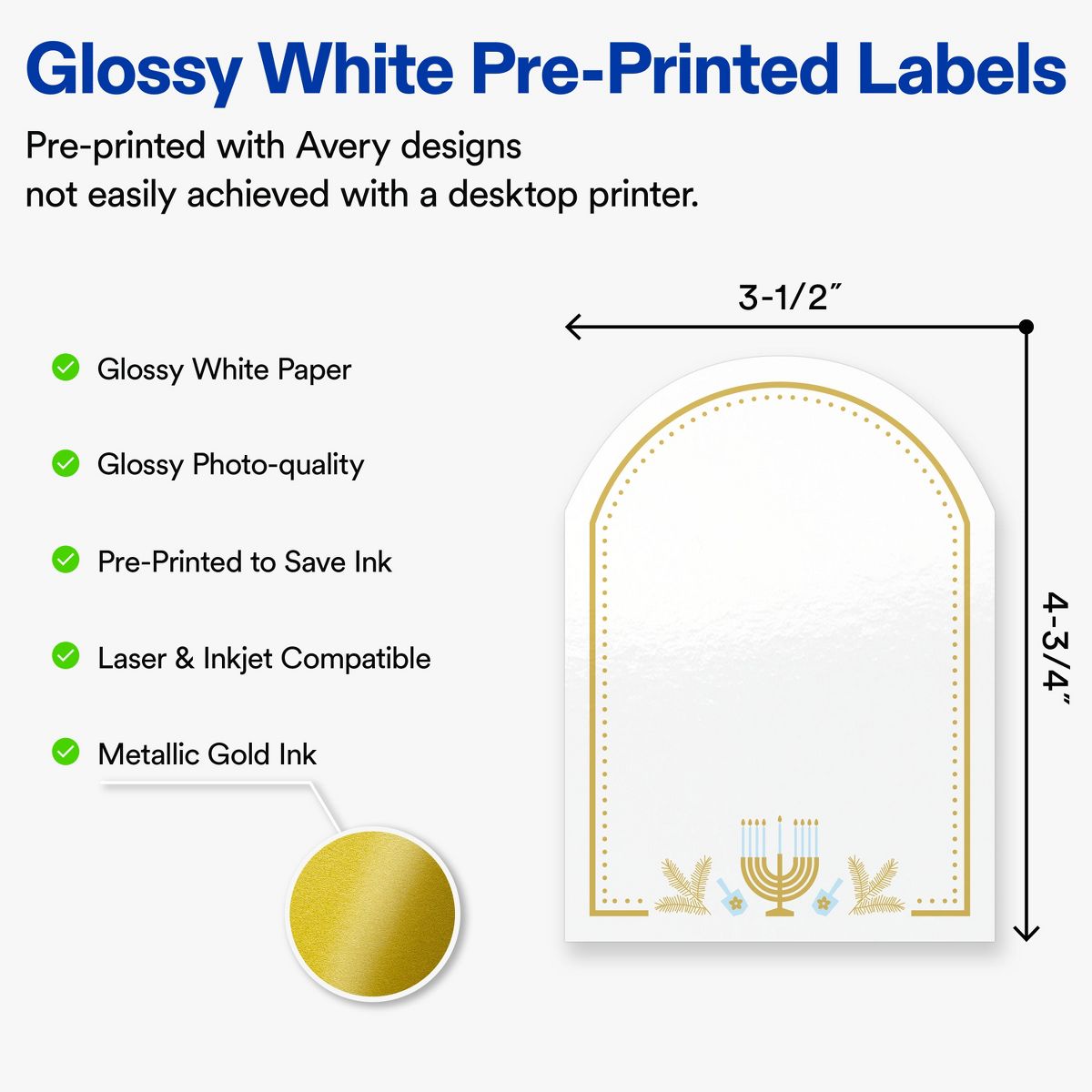 Avery® Labels, 4.75" x 3.5", Glossy, Gold Menorah Frame, 80 - thumbnail 2