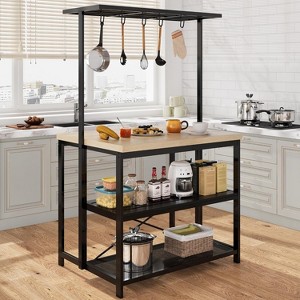 Kitchen Island, Bakers Rack Microwave Stand with 3-Tier Storage, 5 S-Hooks, Metal Coffee Bar Table, Multi-Purpose Shelf with Extra-Thick Tabletop - 1 of 4