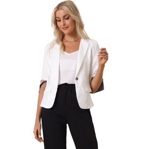Allegra K Women's Notched Lapel Collar 3/4 Sleeve Button Front Work Formal Blazer - 1 of 4