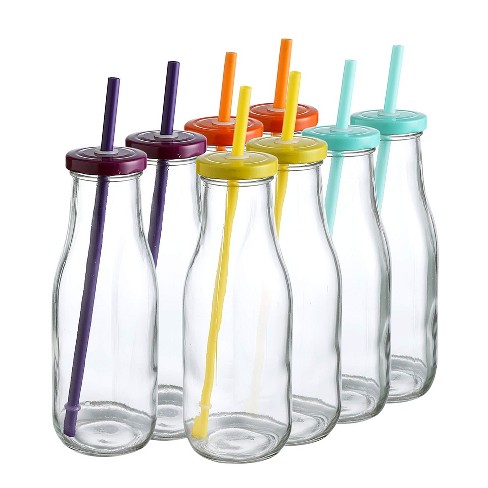 Wholesale 10oz Glass Milk Bottle with Straw CLEAR WITH ASSORTED COLOR LIDS
