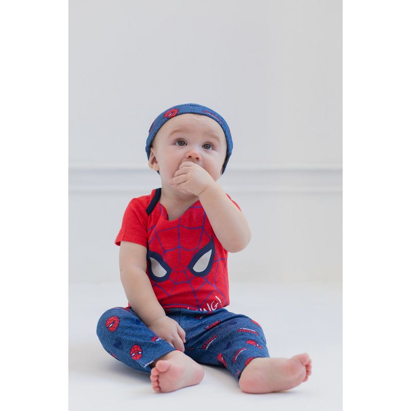 Marvel Avengers Hulk Captain America Spider-Man Baby Bodysuit Pants and Hat 3 Piece Outfit Set Newborn to Infant, 2 of 8