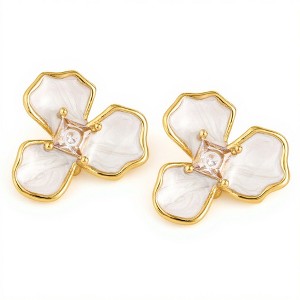 Anna-Kaci Women’s Floral Stud Earrings with Gold Trim, Iridescent Petal Details and Sparkling Center Gemstone Accents for Elegant Style - White - 1 of 4