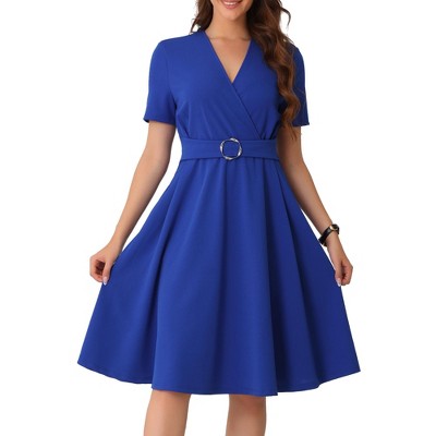 INSPIRE CHIC Women's Elegant V Neck Short Sleeve Dressy Wrap Ruched Business A-Line Midi Dress
