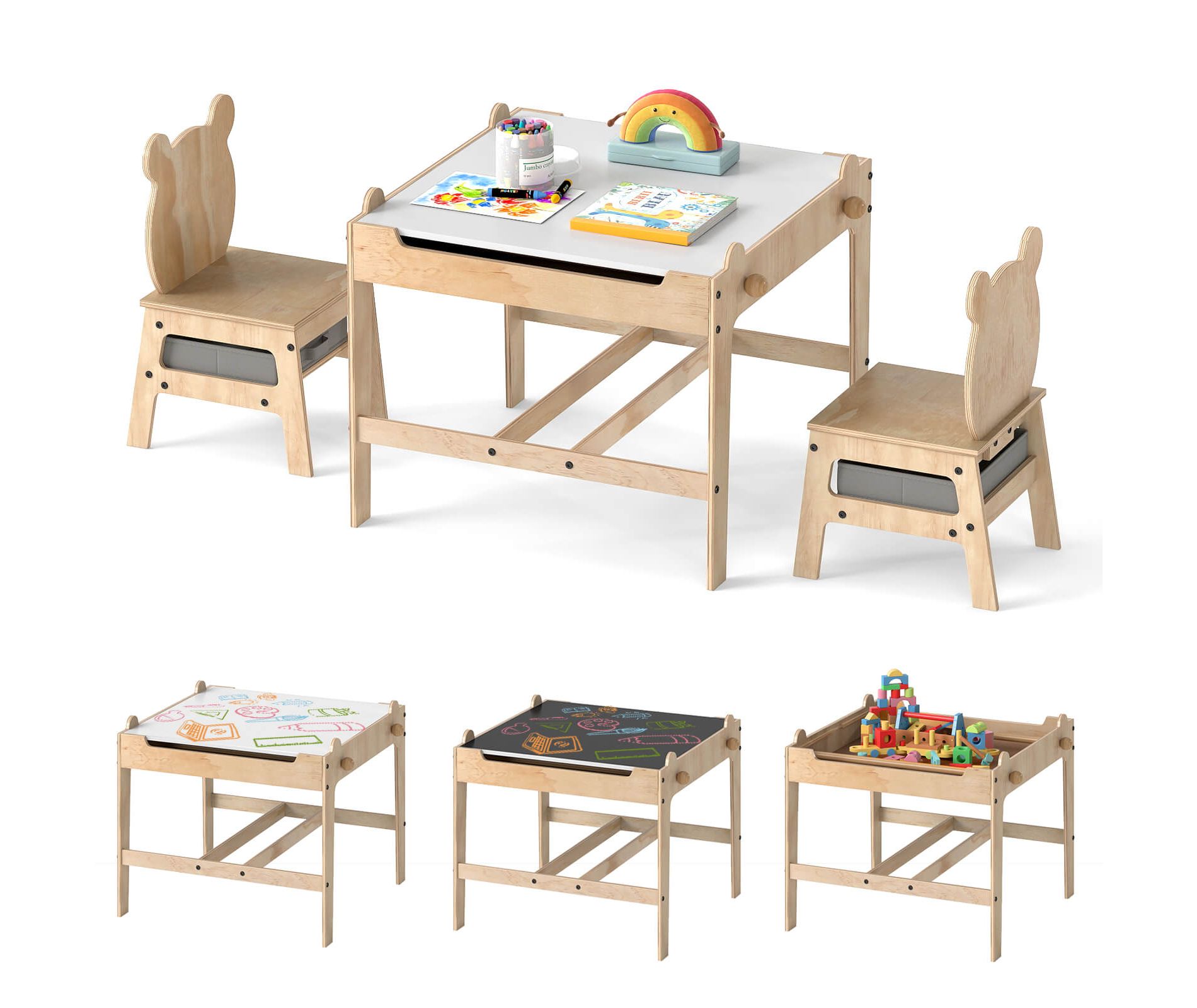 Costway Kids Table and Chairs Set 4 in 1 Children Activity Table with Chalkboard for Arts Gray+Natural/Orange+Natural