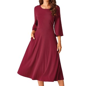 Seta T Women's Elegant Crewneck Bell 3/4 Sleeve Tie Waist Midi A-Line Dress with Pockets - 1 of 4
