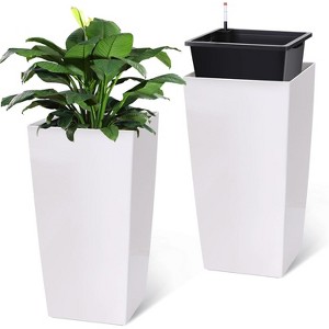 30" Tall Planters, Set of 2, Black Outdoor/Indoor Pots with Drainage Holes, Water Level Monitor, Inner Bucket & Auto Watering, White - 1 of 4