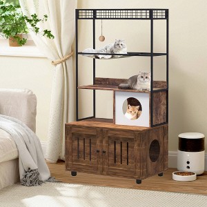 60'' Large Litter Box Enclosure with Storage Shelf, Hidden Litter Box Furniture with Condo, Hammock, Scratching Mat and Playing Ball - 1 of 4