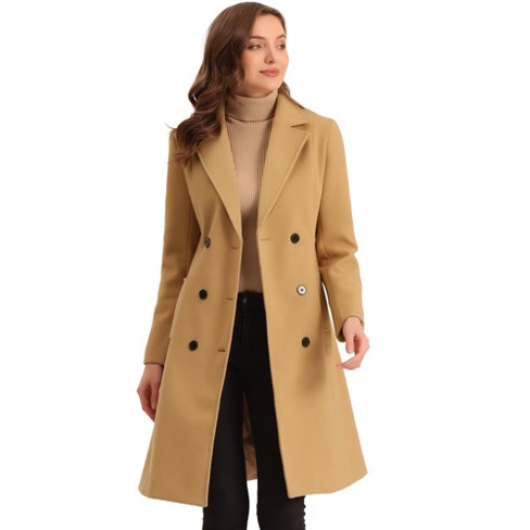 Allegra K Women's Lapel Collar Winter Belted Double Breasted Long Coat  Khaki X-Small