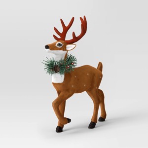 Flocked Standing Deer with Faux Greenery Christmas Animal Figurine - Wondershop™ Brown - 1 of 3