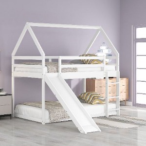 Kumasinova Twin-Over-Twin House Bunk Bed with Slide & Ladder – Pitched Roof, Solid Pine Wood Bed Frame with Full-Length Guardrails for Kids' Bedroom - 1 of 4