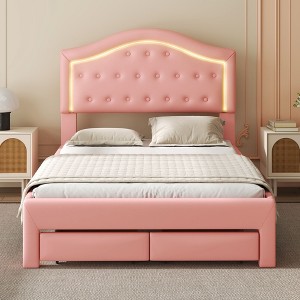 NicBex Upholstered Bed Frame with Smart LED and Drawers,PU Low Profile Platform Bed Frame with Tufted Headboard,No Box Spring Needed,Pink/White - 1 of 4