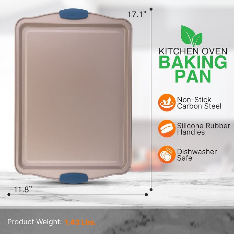 NutriChef 17” Non Stick Baking Pan, Large Gold Cookie Sheet with Blue Silicone Handles, 2 of 8