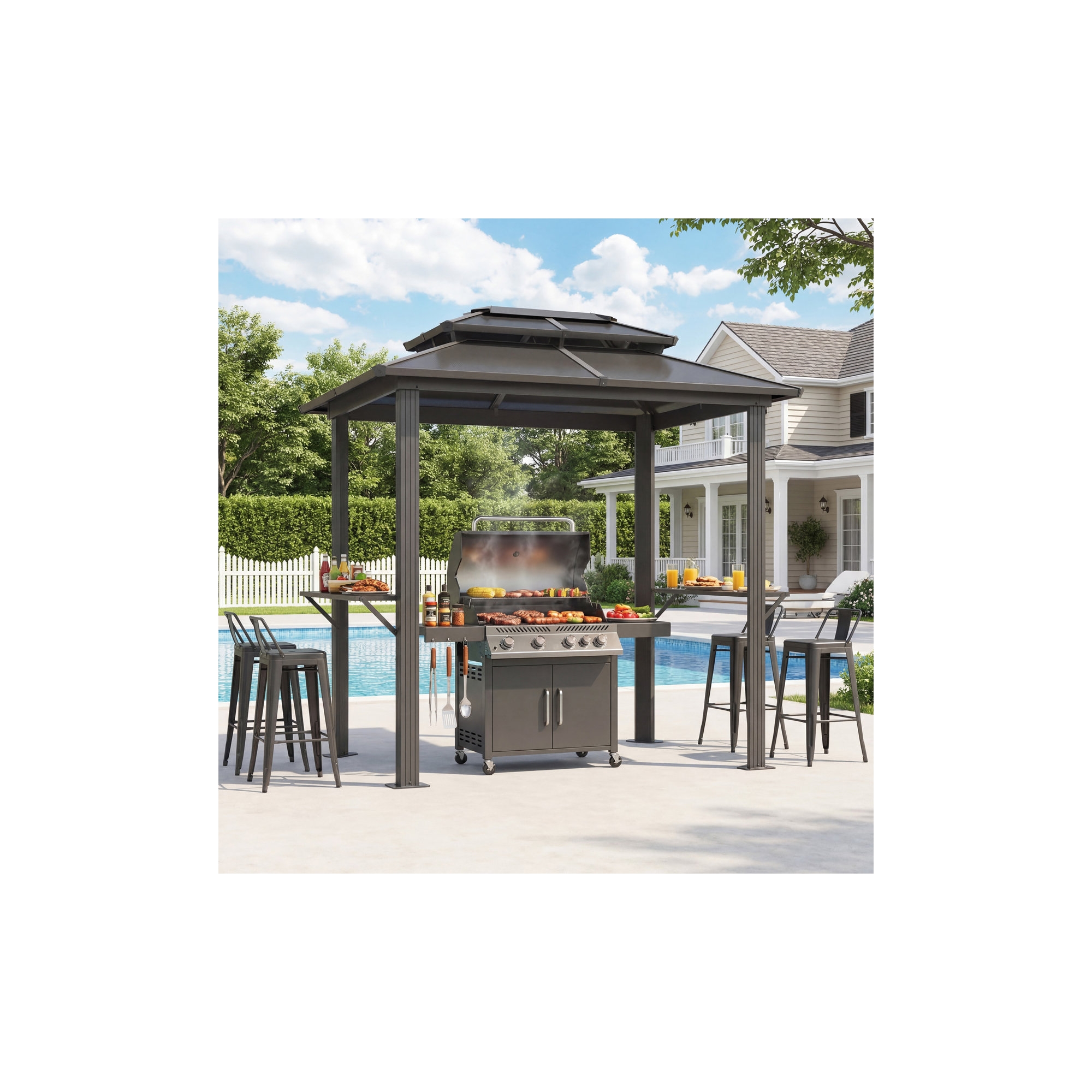 EROMMY Modern Shade Grill Gazebo 6' X 8', Aluminum BBQ Gazebos with Shelves, Outdoor Grill Gazebo for Patio Lawn Backyard Deck