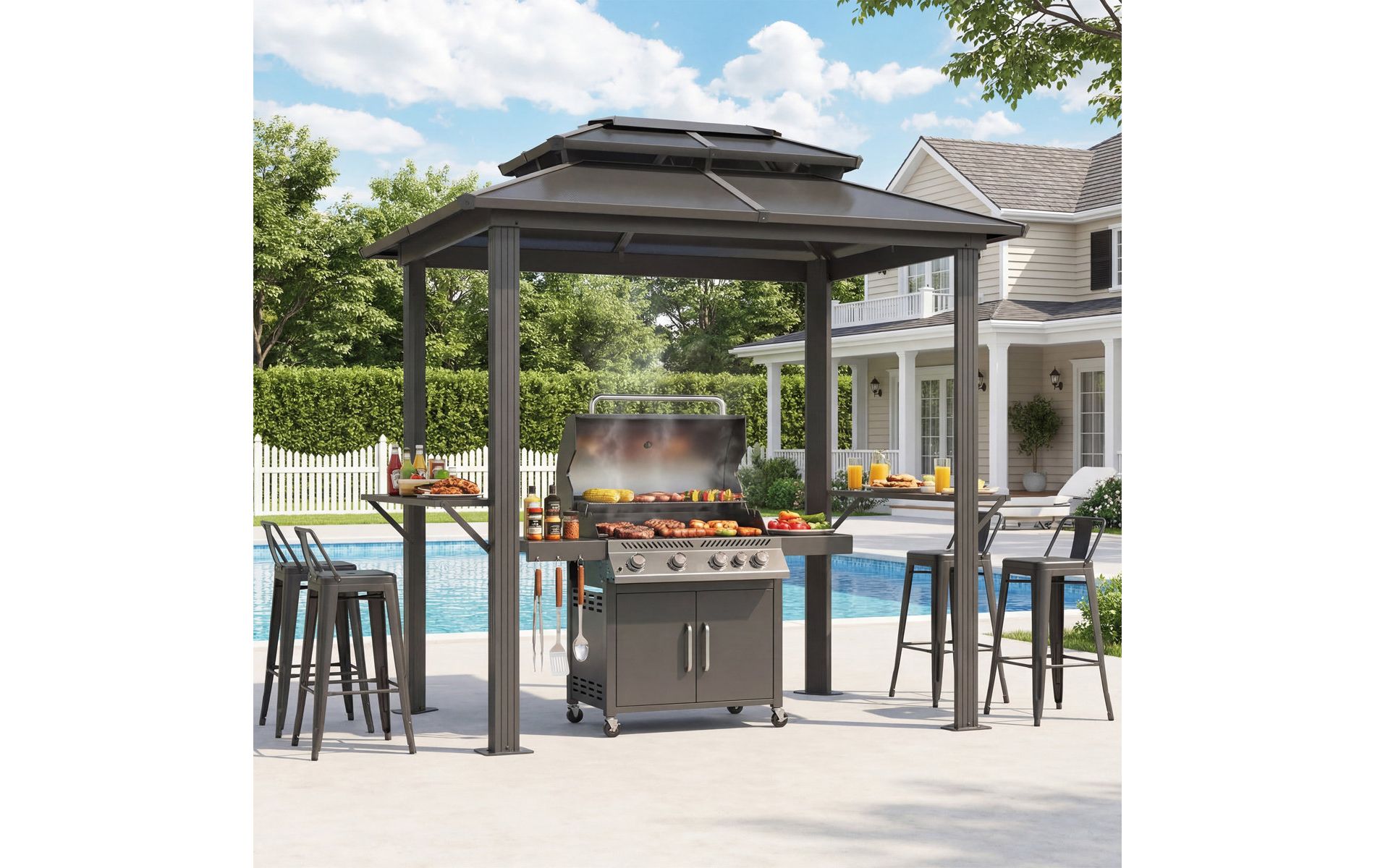 EROMMY Modern Shade Grill Gazebo 6' X 8', Aluminum BBQ Gazebos with Shelves, Outdoor Grill Gazebo for Patio Lawn Backyard Deck