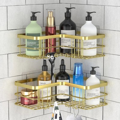 LunaLulinlk Rust-Proof Stainless Steel Bathroom Corner Shower Cage, Adhesive Shower Cage, No Drilling Required [2 Pack], with 8 Hooks
