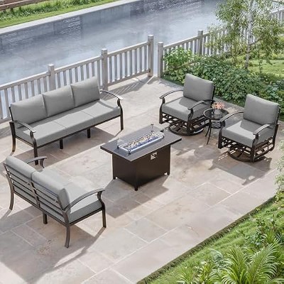 ALAULM Aluminum Patio Furniture Set 7-Seat Modern Metal Outdoor Conversation Sets w/45in Propane Fire Pit Table, Swivel Rocking Chairs, Grey