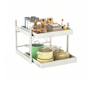 White-M Carbon Steel Kitchen Retractable Storage Rack Punch-Free Drawer-Style Cabinet Dishes And Spice Pull-Out Basket Under The Sink Pull-Out Stora - 1 of 4