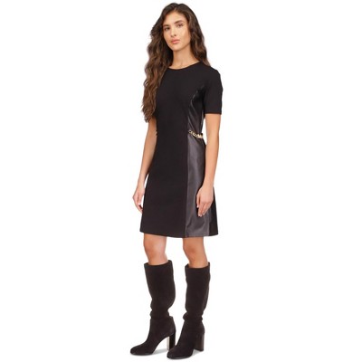 Michael Kors Womens Faux Leather Mixed Media Chain Sheath Dress