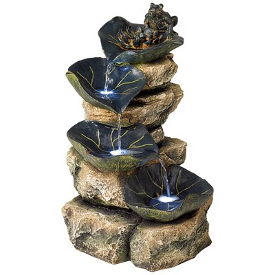 Rustic Frog and Lily Pad Cascading Outdoor Water Fountain with LED Light