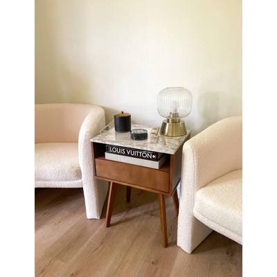 25" Walnut and Faux Marble Side Table with Storage Drawer
