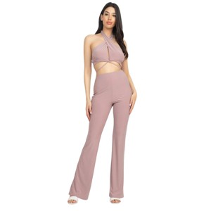 Slickblue Women's Halter Crop Top and Leggings Set, Stretch Fit, 2 Piece Outfit, Flared Pants, Black/Coco, Size S-L - 1 of 4