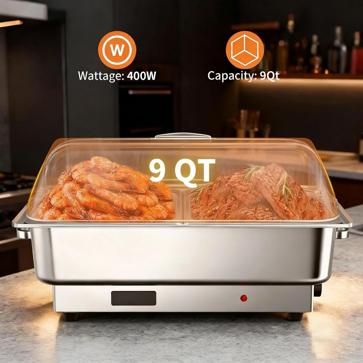 2 Pack 9QT Stainless Steel Electric Chafing Dish Buffet Set, Adjustable Temp Food Warmer with 3 Removable Pans for Party Wedding Banquet - thumbnail 4
