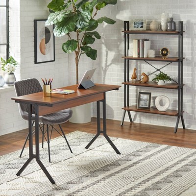 Walnut and Black 4-Tier Bookshelf with Metal Frame