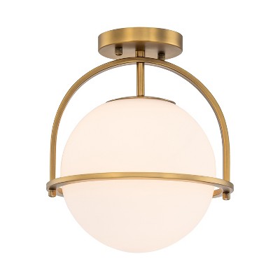 C Cattleya 1-Light Antique Brass Sphere Semi Flush Mount with Opal Glass Shade