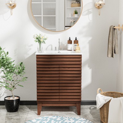 ROOMTEC 24 in. Bathroom Vanity with Ceramic Sink, Mid-Century Cabinet with 2 Soft-Close Doors, Freestanding, Wood Grain Laminate, Walnut