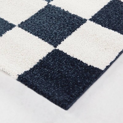 Blue and White Checkered Synthetic Area Rug 5'3" x 7'