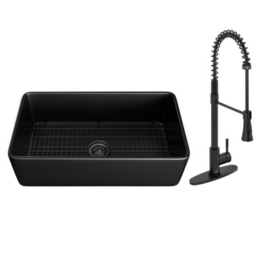30-inch Fireclay Single Bowl Farmhouse Apron Front Kitchen Sink  Faucet and Strainer