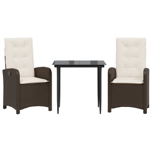 vidaXL 3 Piece Patio Dining Set - Poly Rattan, Adjustable Reclining Chairs, Cushioned, Brown - 1 of 4