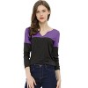 Allegra K Women's Casual Color Block Stretch Long Sleeves Split V-Neck T-Shirt - 2 of 4