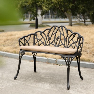 Cast Aluminum Outdoor Garden Bench,Patio Bench with Tulip Backrest,Decorative Outdoor Bench with Cushion,Metal Bench for Porch Lawn Yard-The Pop Home