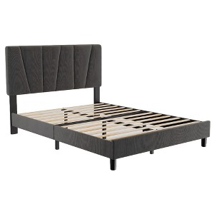 Full Size Bed Frame with Adjustable Headboard, Linen Upholstered Full Platform Bedframe with Strong Wooden Slats, Mattress Foundation, - 1 of 4