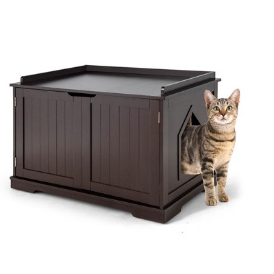 Costway Cat Litter Box Cabinet Furniture Cat Washroom Storage Bench Brown