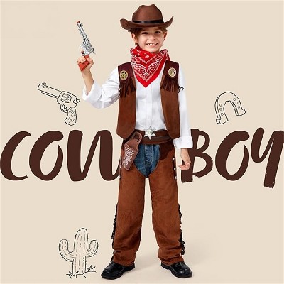 Joyfy Kids Halloween Brown Cowboy Western Costume Set, Deluxe Cowboy Outfit Set with Hat for Boys Halloween Dress-up Role Play Party