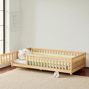 Mshliw Twin/Full/Queen Kids Floor Bed with Safety Guardrails & Door,Montessori Style Wooden Low Profile Platform Bed Frame for Toddlers, Kids Bedroom - 1 of 4