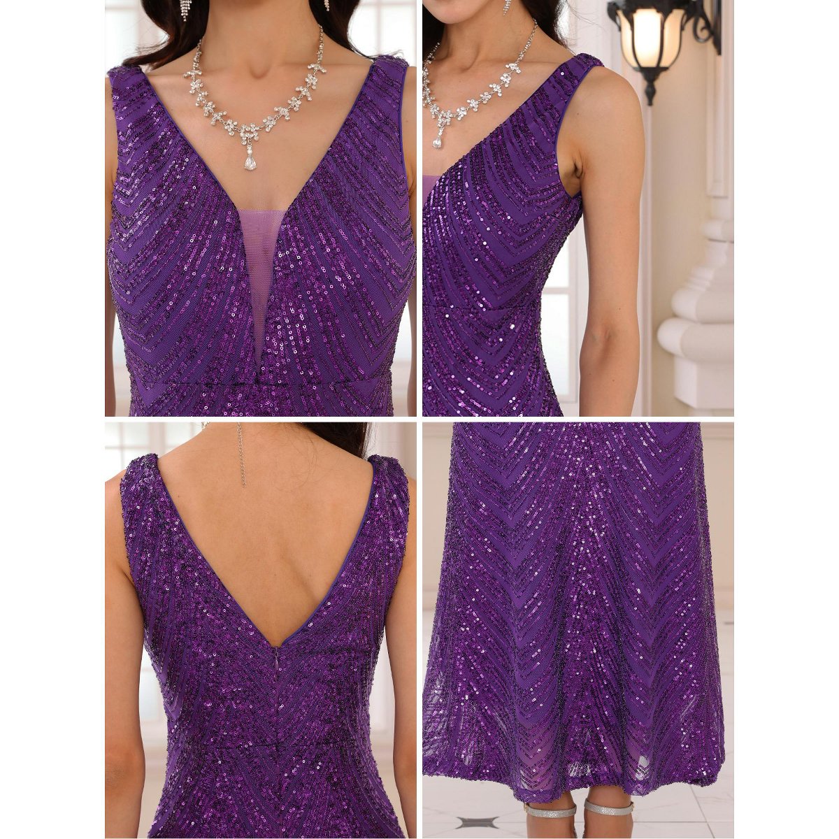 Женские платья INSPIRE CHIC Women's Sequin V Neck Sleeveless Cocktail Maxi Gown Evening Dress Purple Medium — фото 5