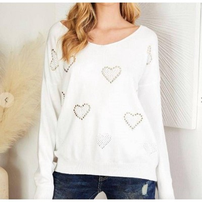 Women's Studded Heart Long Sleeve V Neck Sweater - Venti6