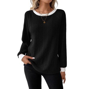 Women's Long Sleeve Ribbed Knit Sweater Top Casual Round Neck T-Shirt - 1 of 4