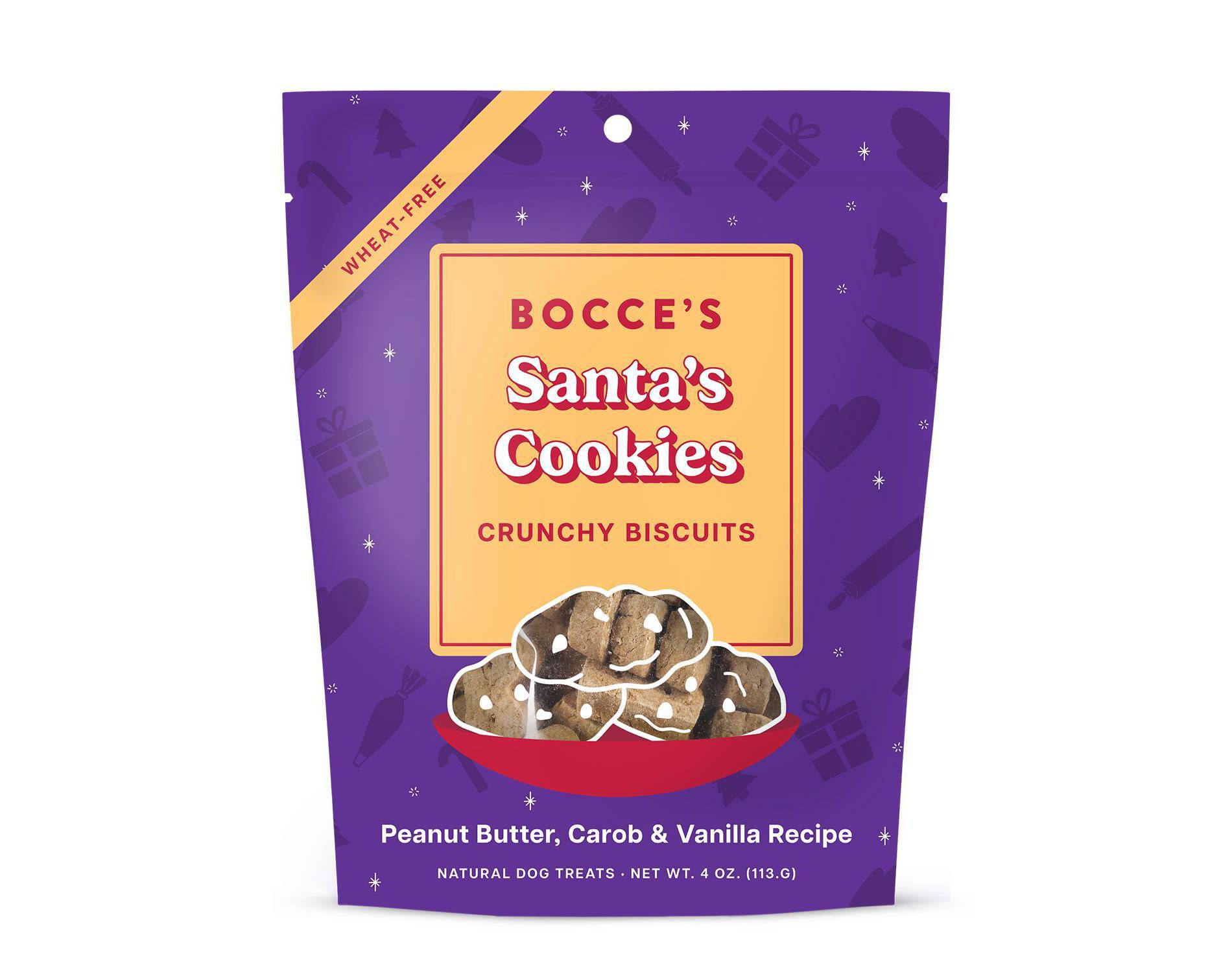 Bocce's Bakery Vanilla, Carob and Peanut Butter Flavor Santa's Cookies Crunchy Dog Treats - 4oz