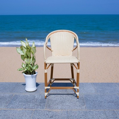 Natural Woven Faux Wicker and Aluminum Counter Stool with Arms
