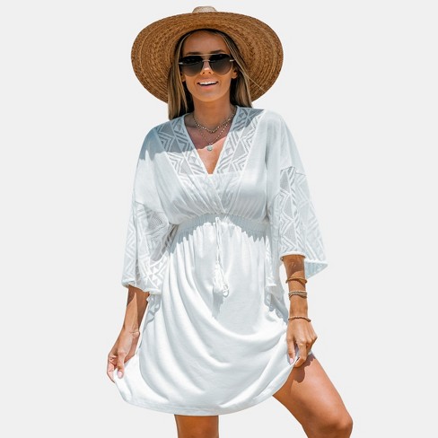 Women's Sheer Crochet Fringe Cover-up Dress - Cupshe-s-white : Target